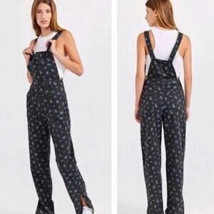WeWoreWhat Slouchy Slit Overalls Floral Ditsy Denim Black Size XL NWT